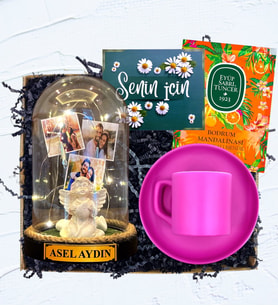 İsimli, 3 Fotoğraflı ve Işıklı Fanus & Pembe Kahve Fincanı  Kişiye Özel Premium Set (Model 2)
