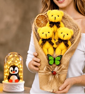 Sarı Peluş Ayıcıklı Büyük Boy Buket ve LED Işıklı Penguenli Fanus Hediye Seti