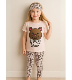 Kız Çocuk Pamuklu Kısa Kol Ayıcık Desenli Pijama Takımı(Uyku Bandı Dahil)