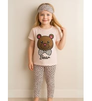 Kız Çocuk Pamuklu Kısa Kol Ayıcık Desenli Pijama Takımı(Uyku Bandı Dahil) (Pembe)