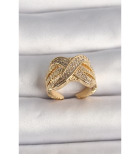 Pirinç Gold Renk Ayarlanabilir Zirkon Taşlı X Model Kadın Yüzük - TJ-BYK3601