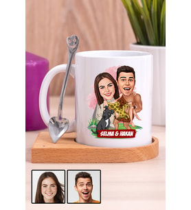 Çiftlere Özel Komik Hediye Karikatürlü Ahşap Altlıklı Beyaz Kupa Bardak