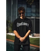 pilelistore- Unisex Bisiklet Yaka Baskılı Oversize T-Shirt - Siyah