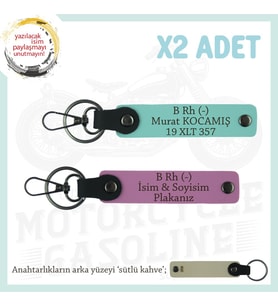 Motosiklet Aşıkları İçin, İsim Plaka ve B Rh (-) Kan Grubu Yazılı 2'li Anahtarlık, Pembe-Turkuaz-SK (Çok Renkli)