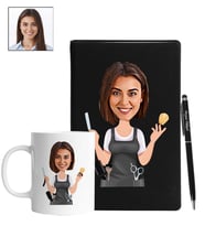 Kişiye Özel Kuaför Tasarımlı Karikatür Siyah Defter Kalem Kupa Seti 85