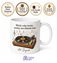 Pikap ve Plak Çizimli Retro Müzik Aşığı Kupa Bardak Hediye