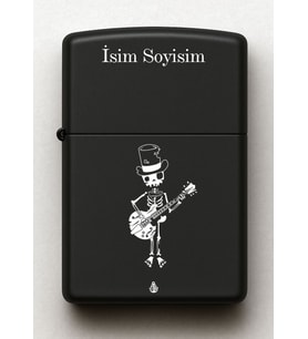 Gitar İskelet Desenli Kişiye Özel İsimli Siyah Benzinli Metal Çakmak