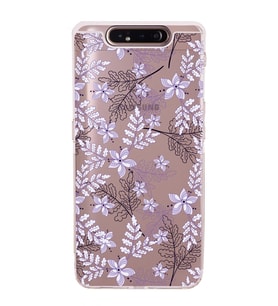 Samsung Galaxy A80  Kamera Korumalı  Kapak Floral Lila Tasarımlı  Şeffaf Kılıf