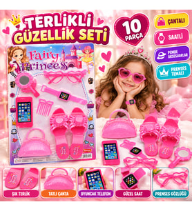 Kız Çocuk Terlikli Güzellik Seti 10 Parça Pembe Aksesuar Seti Çantalı ve Saatli Oyuncak Seti