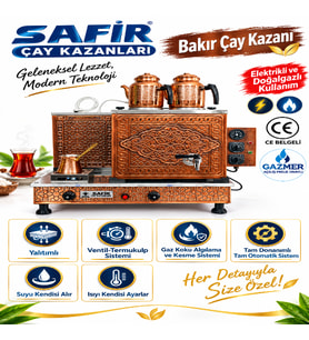 2 GÖZLÜ BAKIR ÇAY KAZANI ELEKTRİK + DOĞALGAZLI BAKIR ÇAY SEMAVERİ CE ve GAZMER AÇILIŞ ONAYLI GAZ EMNİYET KİLİT SİSTEMLİ GAZ VANALI HANZADE MODEL BAKIR ÇAY OCAĞI KAZANI