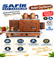 2 GÖZLÜ BAKIR ÇAY KAZANI ELEKTRİK + DOĞALGAZLI BAKIR ÇAY SEMAVERİ CE ve GAZMER AÇILIŞ ONAYLI GAZ EMNİYET KİLİT SİSTEMLİ GAZ VANALI HANZADE MODEL BAKIR ÇAY OCAĞI KAZANI