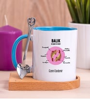 Kişiye Özel Balık Burcuna Hediye Ahşap Altlıklı Mavi Kupa Bardak