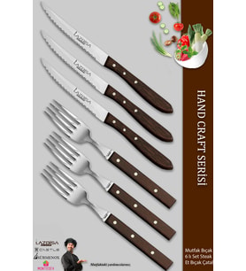 Lazbisa Hand Craft Serisi Steak Et Bıçağı Çatalı 6 Lı Set Mutfak Bıçak Seti ( Mtf-060 )