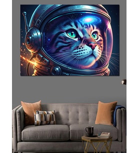 Astronot Başlıklı Kedi Portresi Dekoratif Kanvas - Mdf Ahşap Tablo