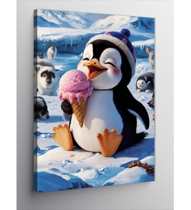 Kanvas Tablo Dondurma Yıyen Şapkalı Penguen