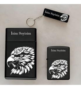 Kartal Desenli Kişiye Özel İsimli Çakmak,Metal Tabaka ve Anahtarlık Seti - 3'lü Hediye Set SMP37