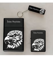 Kartal Desenli Kişiye Özel İsimli Çakmak,Metal Tabaka ve Anahtarlık Seti - 3'lü Hediye Set SMP37 (Siyah)