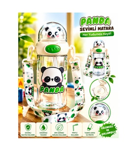 panda 500 ML Taşıma Askılı Matara – Pipetli, Karakter Figürlü, Sızdırmaz Çocuk Su Matarası