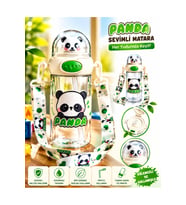 panda 500 ML Taşıma Askılı Matara – Pipetli, Karakter Figürlü, Sızdırmaz Çocuk Su Matarası