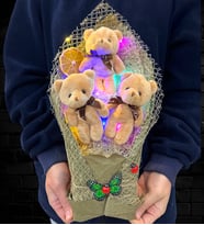 Renkli Led Işıklı Kahve Ayıcıklı Premium Peluş Ayıcık Buketi (Model 4)