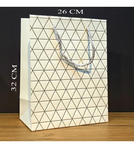 Beyaz Geometrik Desenli Büyük Boy Karton Hediye Çantası