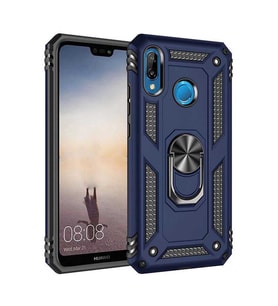 Huawei P20 Lite Kılıf Metal For Car Yüzüklü Standlı Military Ring Serisi (Lacivert)