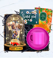 İsimli, 3 Fotoğraflı ve Işıklı Fanus & Pembe Kahve Fincanı  Kişiye Özel Premium Set (Model 6)