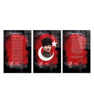 İdealizbiz Atatürk - İstiklal Marşı - Gençliğe Hitabe 3 lü Set Cam Tablo