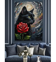 Siyah Kedi Ve Kırmızı Gül Dekoratif Kanvas - Mdf Ahşap Tablo