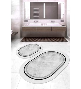 Dijital Baskılı Kaymaz Taban Yıkanabilir Oval 2'li Klozet Takımı Banyo Paspası NOKZ-SD-1128 (Gri)