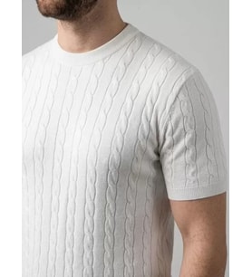 Erkek Yazlık Triko Dokuma Tişört Kısa Kol Bisiklet Yaka Örgü Desenli T-Shirt - Beyaz