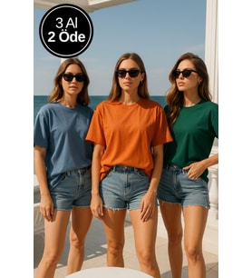 Kadın 3'lü Paket Mavi-Yeşil-Turuncu %100 Pamuk Oversize Basic Tişört Bisiklet Yaka Relaxed T-Shirt