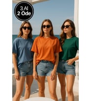 Kadın 3'lü Paket Mavi-Yeşil-Turuncu %100 Pamuk Oversize Basic Tişört Bisiklet Yaka Relaxed T-Shirt