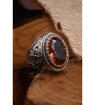Yakut Garnet Taşlı Yanı Selçuklu Kartalı Model Çift Renk Erkek Gümüş Yüzük