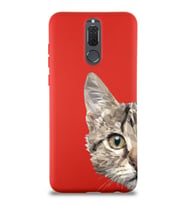 Huawei Mate 10 Lite Uyumlu Lansman Kılıf Catface Tasarımlı İçi Kadife Kırmızı Kapak (Şeffaf)