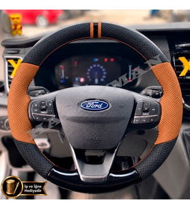 Ford Transit Dikme Direksiyon Kılıfı Delikli Deri Parlak Siyah Taba Detay Çift Yüzük ve Dikiş 2020-2026