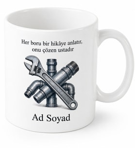 Tesisatçı Temalı İngiliz Anahtarı Baskılı Kupa Bardak Su Borusu Hediye