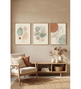 Bohem Minimalist Kadın Figürleri ve Lotus Çiçekleri Çizgi Sanatı 3’lü Ahşap Çerçeveli Tablo Seti