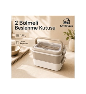 2 Bölmeli Beslenme Kutusu Çatal Kaşık Setli 1,8 L BEJ