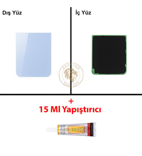 Samsung Galaxy Z Flip 5 Mavi Renk Arka Kapak + B7000 Yapıştırıcı Arka Cam Batarya Kapağı Pil Kapağı Lazer Kesim Back Cover Galaxy Z Flip 5 Uyumlu