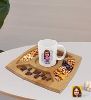 BK Gift Kişiye Özel Kız Çocuk Karikatürlü Beyaz Kupa ve Doğal Masif Ahşap 4 Bölmeli Sunum Tabağı Çerezlik Hediye Seti-3