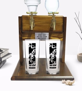 BK Gift Kişiye Özel Renkli Baskılı İsimli İkili Rakı Bardağı ve Çift Musluklu Doğal Ahşap Rakı Standı-121 (Model 1)