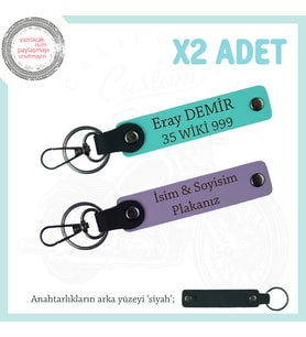 İsim ve Plaka İşlemeli Deri 2’li Anahtarlık Seti – Şık ve Kalıcı Hediyelik, Mor Menekşe-Turkuaz-Syh