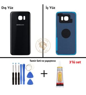 Samsung Galaxy S7 Edge Siyah Renk Arka Kapak + Tamir Seti + B7000 Yapıştırıcı Arka Cam Batarya Kapağı Pil Kapağı Lazer Kesim Back Cover Galaxy S7 Edge Uyumlu