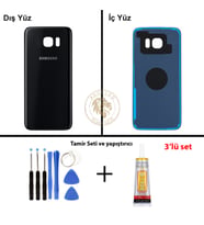 Samsung Galaxy S7 Edge Siyah Renk Arka Kapak + Tamir Seti + B7000 Yapıştırıcı Arka Cam Batarya Kapağı Pil Kapağı Lazer Kesim Back Cover Galaxy S7 Edge Uyumlu
