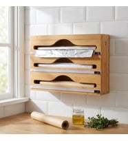 3 Bölmeli Doğal Bambu Folyoluk ve Streç Film Kesici Organizer - Sürgülü Bıçaklı Çekmece İçi Düzenleyici Pişirme Kağıdı ve Alüminyum Folyo Standı Mutfak Organizeri (35,5 x 22 x 7 cm)