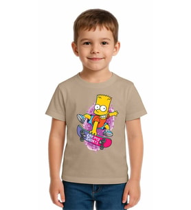 Unisex Simpson Baskılı Çocuk Tişört pamuklu penye kumaş (Taş)