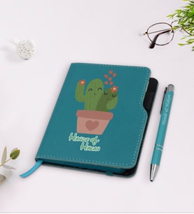 BK Gift Kişiye Özel Kaktüs Tasarımlı Turkuaz Termo Deri Defter Kalem Seti-11