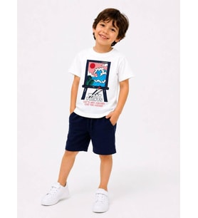 Cg Kids Baskılı T-Shirt ve Lacivert Müslin Şort Erkek Çocuk Alt Üst Takım