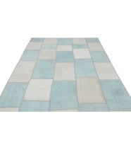 Mavi Salon Kilimi Geometrik Patchwork Desenli Modern El Dokuma Yün Pamuklu Çocuk Odası